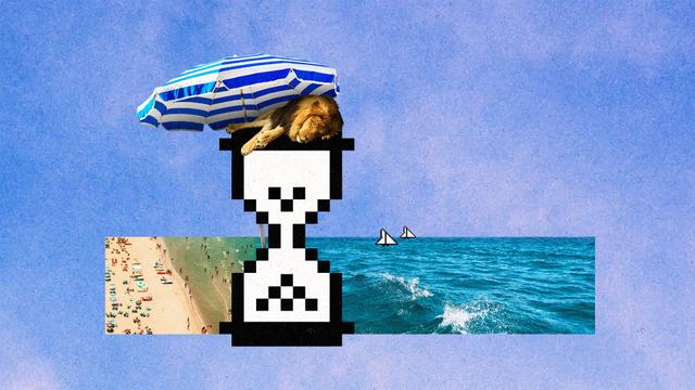 A lion resting on top of a pixelated hourglass with an umbrella over it and a beach in the background with pixel cursor-shaped sailboats.