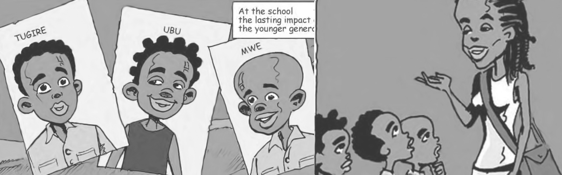 Frames from the graphic novel for a young audience about the Genocide in Rwanda.