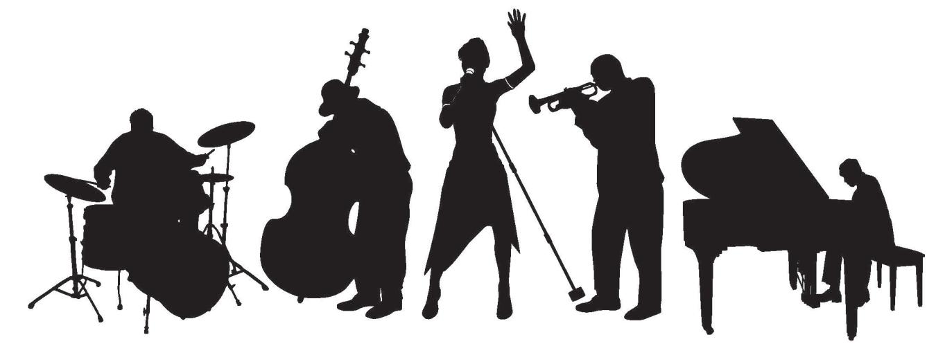 Black silhouettes of musicians playing instruments and singing.