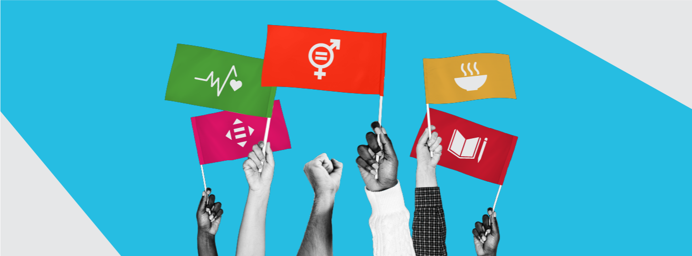 Photocomposition: five hands holding small flags with the sustainable development goals 11, 3, 5, 2 and 4 icons