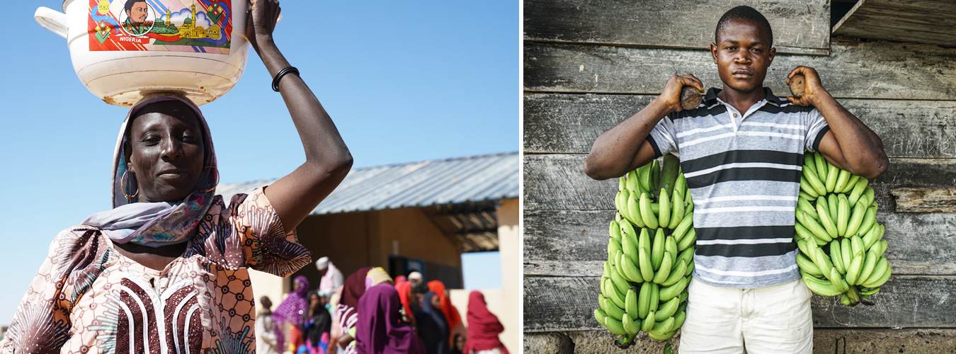 Two photos, on the left a woman carries a container on her head, on the right a man carries two branches laden with bananas.