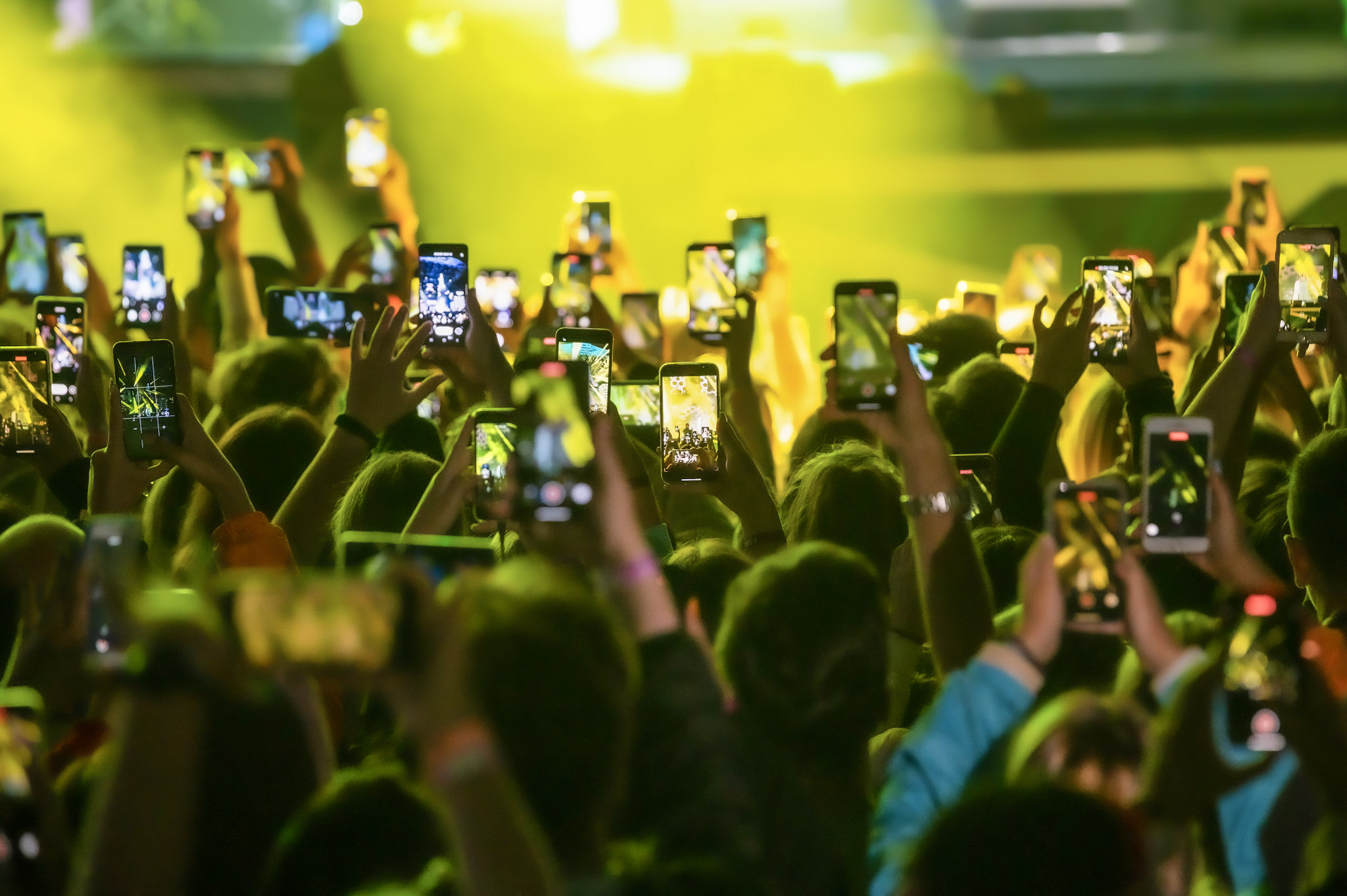 stock photo of a crowd of people holding up their phones at a concert