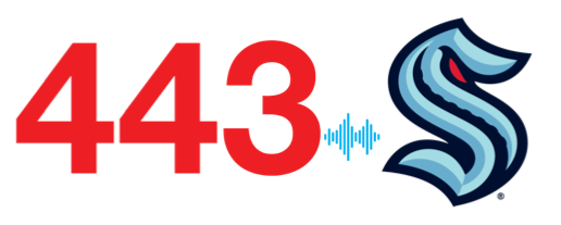 The 443 Security Simplified podcast logo next to the Seattle Kraken blue S symbol