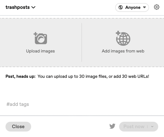 一個空白的相片貼文，顯示有上傳相片或從網絡新增影像的選項。