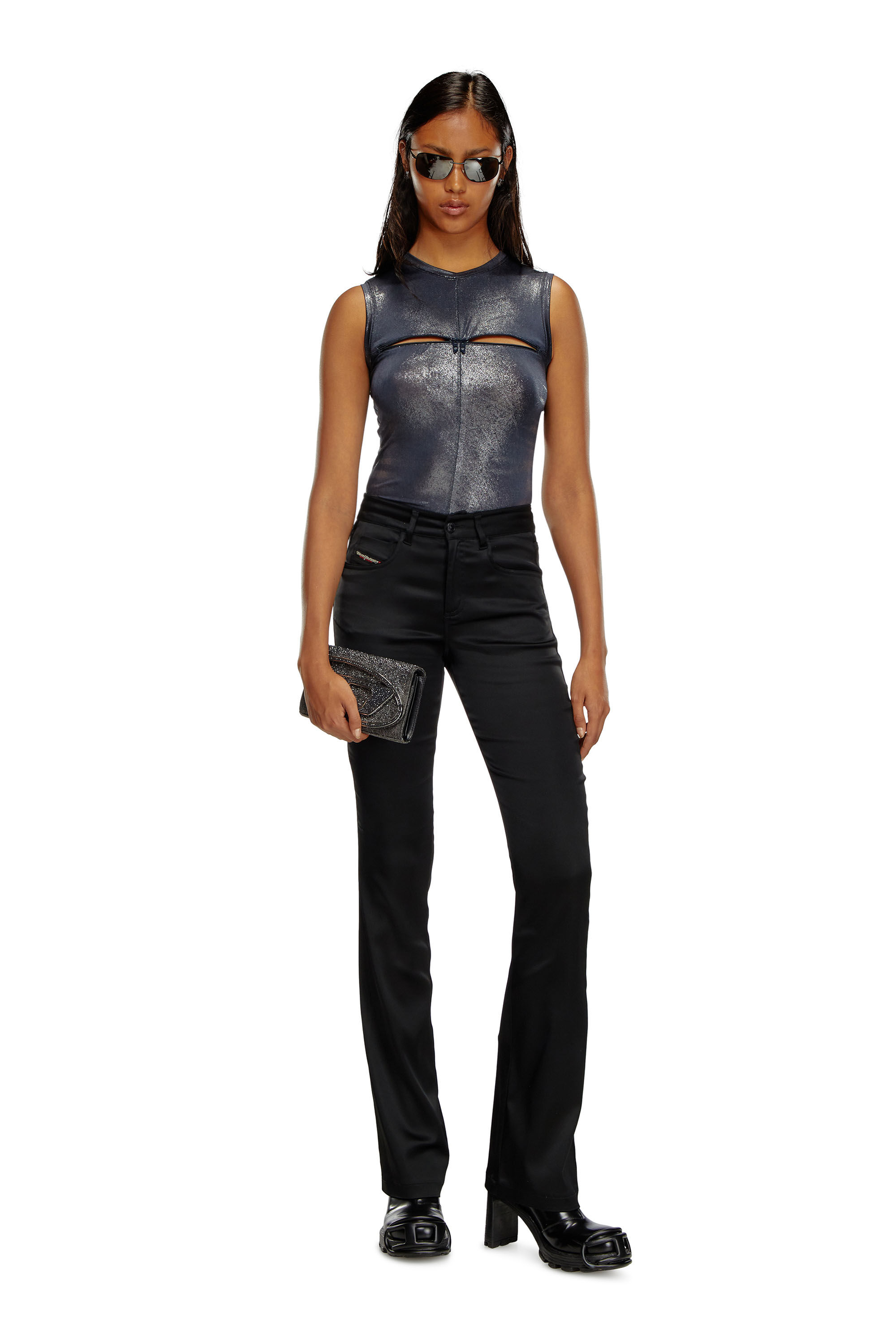 Diesel - T-VEZZY, Woman Metallic tank top with chest slit in Blue - Image 1